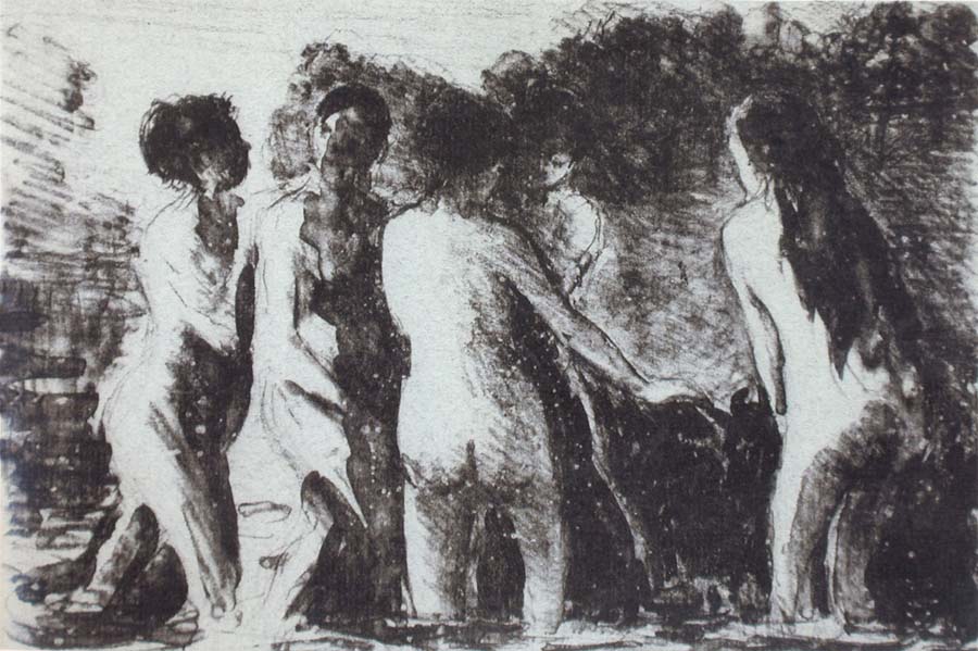 Line of bathers